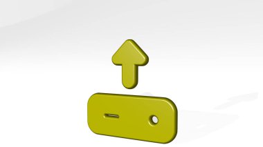 Sabit diski gölgeli bir perspektiften yükle. Üç boyutlu metalik malzemelerden yapılmış kalın bir heykel. Resim ve simge