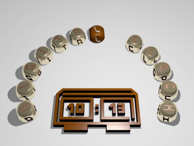 Konsept ve sunumların ilgili anlamları için metalik zar harflerinin oluşturduğu simgenin etrafındaki DIGITAL CLOCK grafikleri ve metnin üç boyutlu çizimi. arkaplan ve soyut