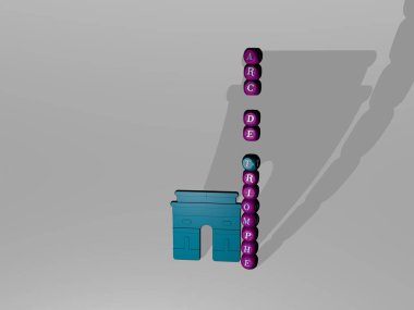 Duvarında ikon olan 3D yay de triomphe 'nin temsili ve ayna zemininde kavram ve slayt gösterisi sunumu için metalik kübik harflerle düzenlenmiş metin. Resim ve arkaplan