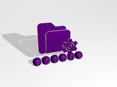 FOLDER 'ın duvarında simge ve ayna zemininde metalik küp harflerle konsept ve slayt gösterisi sunumu için düzenlenmiş 3D temsili. resimleme ve iş