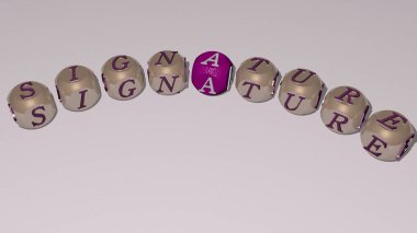 Üst perspektiften gelen kübik harflerle oluşturulan SIGNATURE kombinasyonu, konsept sunumu için mükemmel. resimleme ve iş