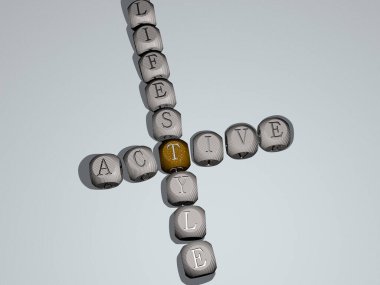 Ayna zemininde kübik harflerle düzenlenmiş aktif yaşam tarzı bulmacaları, kavram anlamı ve sunum. etkinlik ve arkaplan