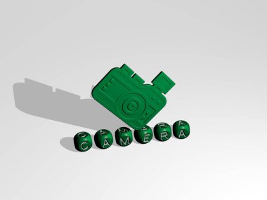 CAMERA 'nın dikey olarak 3D grafiksel görüntüsü, üst perspektiften metalik kübik harflerle oluşturulan metinlerle birlikte, konsept sunumu ve slayt gösterileri için mükemmel. arka plan ve güzel