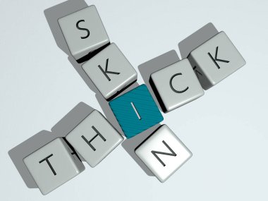 THICK SKIN bulmacaları ayna zemininde kübik harflerle düzenlenir, kavram anlamı ve sunum. arkaplan ve resimleme