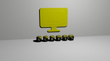 Dikey olarak SCREEN 'in üç boyutlu grafiksel görüntüsü ve üst perspektiften metalik kübik harflerle oluşturulan metinler, konsept sunumu ve slayt gösterileri için mükemmel. arkaplan ve resimleme