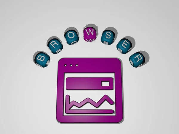3D illustration of BROWSER graphics and text around the icon made by metallic dice letters for the related meanings of the concept and presentations. computer and business