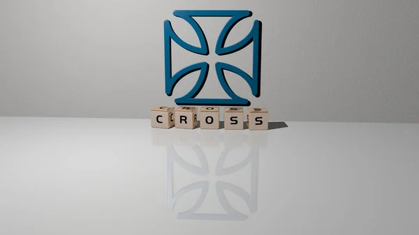 コンセプトとプレゼンテーションの関連する意味のための金属ダイス文字によって作られたクロスグラフィックスとテキストの3Dイラスト 背景と教会 — ストック写真