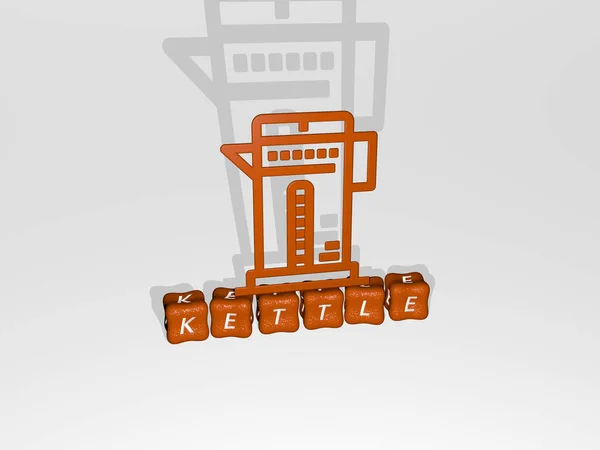 Представление Kettle Иконкой Стене Текстом Упорядоченным Металлическими Кубическими Буквами Зеркальном — стоковое фото