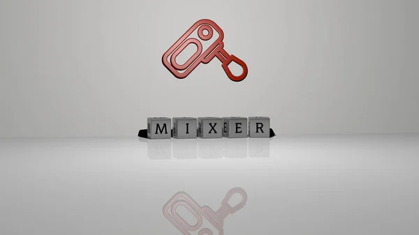 3D representation of mixer with icon on the wall and text arranged by metallic cubic letters on a mirror floor for concept meaning and slideshow presentation. illustration and background