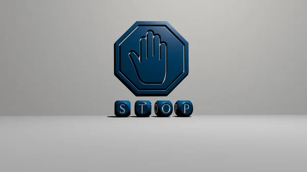 3D graphical image of stop vertically along with text built by metallic cubic letters from the top perspective, excellent for the concept presentation and slideshows. illustration and sign
