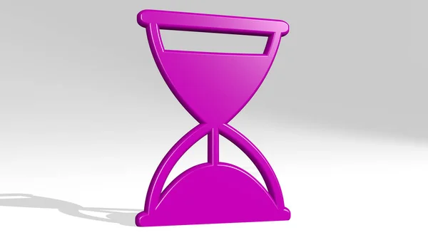 hourglass sand watch made by 3D illustration of a shiny metallic sculpture with the shadow on light background. clock and concept