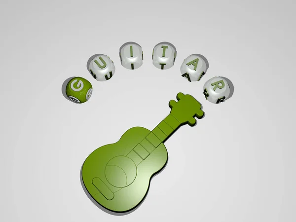 3D representation of guitar with icon on the wall and text arranged by metallic cubic letters on a mirror floor for concept meaning and slideshow presentation. illustration and background