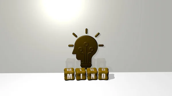3D illustration of mind graphics and text made by metallic dice letters for the related meanings of the concept and presentations. brain and human