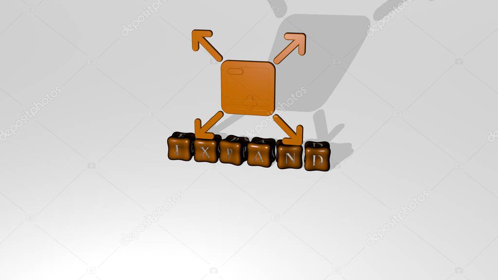 3D illustration of EXPAND graphics and text made by metallic dice letters for the related meanings of the concept and presentations. icon and background