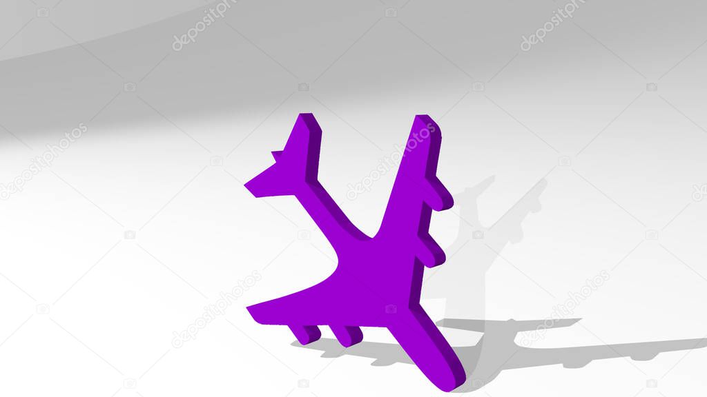 aeroplane on the wall. 3D illustration of metallic sculpture over a white background with mild texture. airplane and aircraft