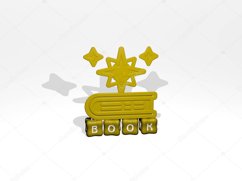 3D representation of book with icon on the wall and text arranged by metallic cubic letters on a mirror floor for concept meaning and slideshow presentation. illustration and background