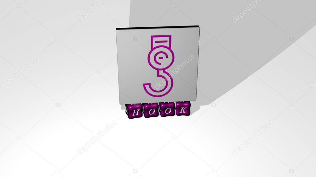 3D illustration of hook graphics and text made by metallic dice letters for the related meanings of the concept and presentations. background and fishing