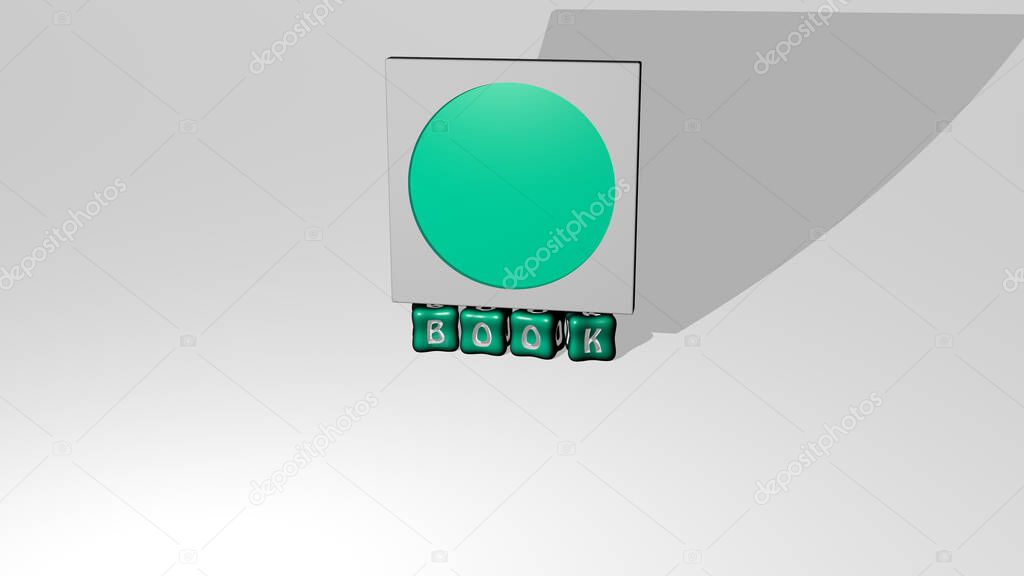 3D representation of BOOK with icon on the wall and text arranged by metallic cubic letters on a mirror floor for concept meaning and slideshow presentation. illustration and background