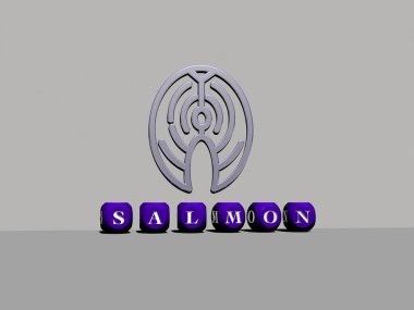 Duvarında simge olan somonun 3 boyutlu temsili ve ayna zemininde kavram ve slayt gösterisi sunumu için metalik kübik harflerle düzenlenmiş metin. balık ve arkaplan