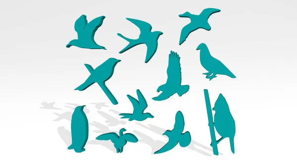 Oiseaux Debout Avec Ombre Illustration Sculpture Métallique Sur Fond Blanc — Photo