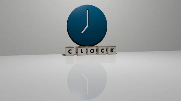 Тривимірне Представлення Clock Піктограмою Стіні Текстом Розташованою Металевими Кубічними Літерами — стокове фото