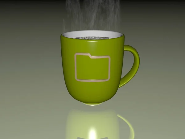 白い背景の上にコーヒーカップにエンボス加工されたフォルダアイコンの3Dイラストは影を持っています — ストック写真