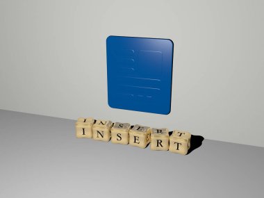 INSERT grafiklerinin 3 boyutlu çizimi ve konsept ve sunumların ilgili anlamları için metalik zar harfleri tarafından yapılan metin. arkaplan ve tasarım