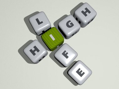 Yüksek yaşam zar harfleri ve konseptin ilgili anlamları için renk geçişleriyle birleşir. arkaplan ve mavi