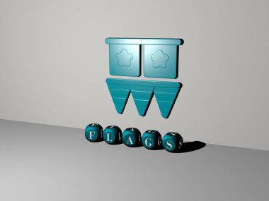 Konsept ve sunumların ilgili anlamları için metal zar harflerinin oluşturduğu bayrakların 3 boyutlu çizimi. arkaplan ve ülke