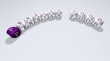 Konseptin ilgili anlamları için zar harfleri ve renk geçişleriyle birleştirilmiş İran yemekleri. arkaplan ve resimleme