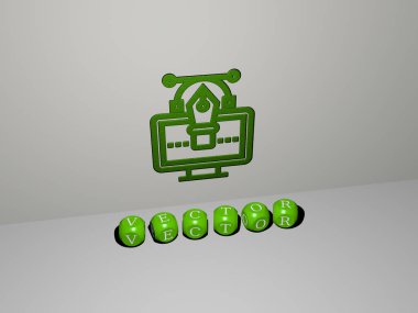 VECTOR grafiklerinin 3B çizimi ve konsept ve sunumların ilgili anlamları için metalik zar harfleri tarafından yapılan metin