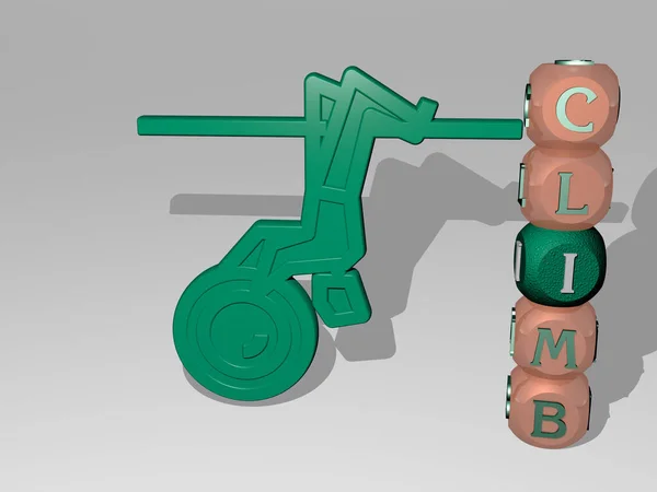 3D illustration of CLIMB graphics and text around the icon made by metallic dice letters for the related meanings of the concept and presentations. climbing and mountain