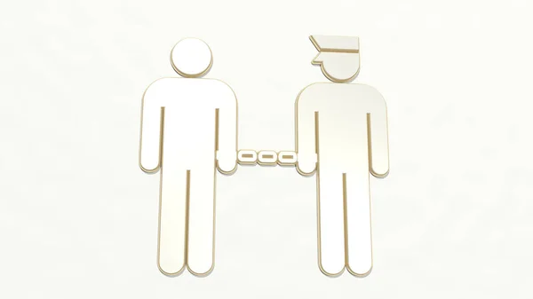 Police Officer Arresting Handcuff Made Illustration Shiny Metallic Sculpture Wall — Stock Photo, Image
