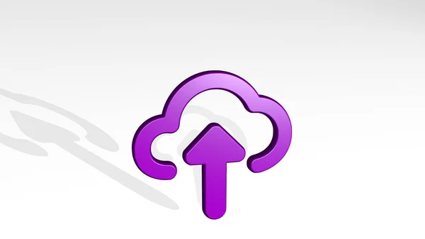 Cloud Upload Vytvořený Ilustrací Lesklé Kovové Sochy Stínem Světlém Pozadí — Stock fotografie