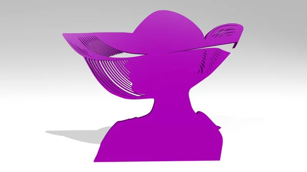 影との観点から帽子を持つ古典的な女性 3Dレンダリングの金属材料で作られた厚い彫刻 背景とイラスト — ストック写真