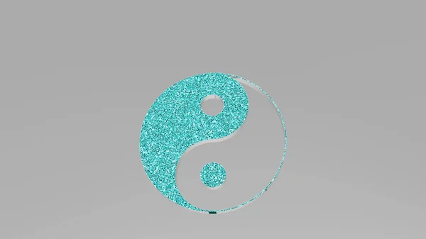 YIN AND YANG SYMBOL from a perspective on the wall. A thick sculpture made of metallic materials of 3D rendering. illustration and background
