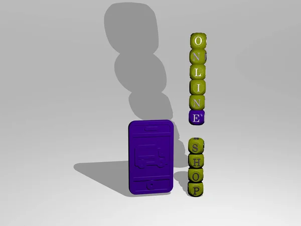 从顶部看Online Shop的3D图形图像 以及围绕该图标用金属立方体字母构建的文本 非常好的概念演示和幻灯片 — 图库照片