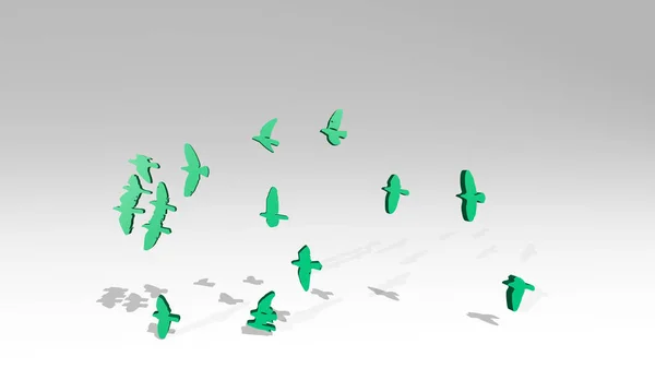 Birds Flying Made Illustration Shiny Metallic Sculpture Wall Light Background — Stock Photo, Image