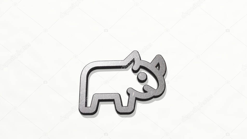 RHINO BODY made by 3D illustration of a shiny metallic sculpture on a wall with light background. animal and africa