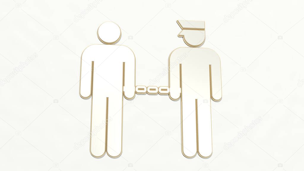 police officer arresting with handcuff made by 3D illustration of a shiny metallic sculpture on a wall with light background. editorial and car