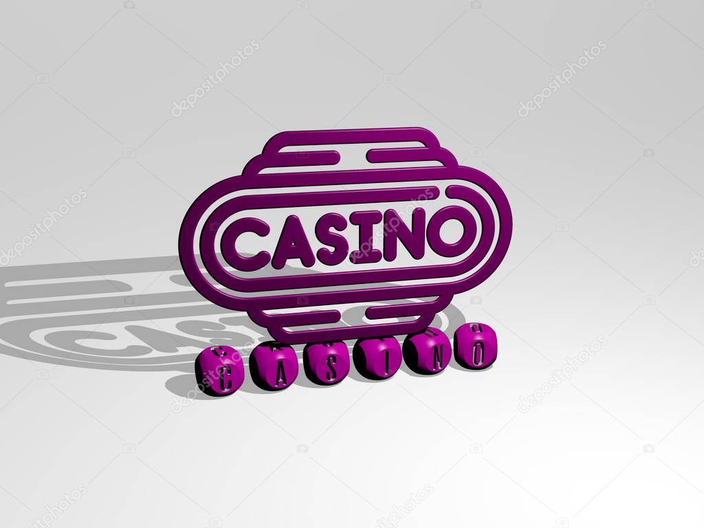 3D representation of casino with icon on the wall and text arranged by metallic cubic letters on a mirror floor for concept meaning and slideshow presentation. illustration and background