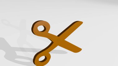 Işık arkaplanı olan bir duvarda parlayan metalik bir heykelin 3 boyutlu resmedilmiş makas işareti. Kes ve simge