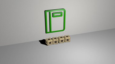 Duvarında ikon olan kitabın 3 boyutlu temsili ve kavram ve slayt gösterisi sunumu için ayna zemininde metalik kübik harflerle düzenlenmiş metin. Resim ve arkaplan