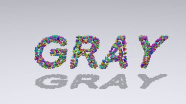 Beyaz arkaplan ve eşleşen gölgeler üzerinde küçük nesnelerle GRAY metninin renkli 3D yazımı. Resim ve soyut