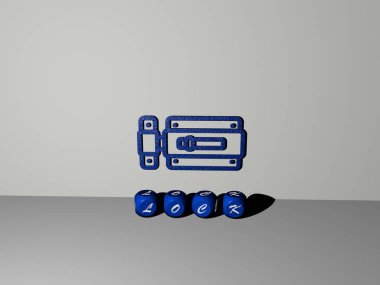 LoCK 'ın duvarında simge ve ayna zemininde metalik küp harflerle konsept ve slayt gösterisi sunumu için düzenlenmiş 3 boyutlu temsili. Resim ve arkaplan