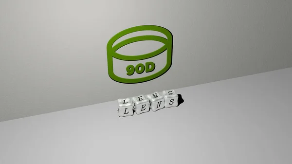 3D graphical image of lens vertically along with text built by metallic cubic letters from the top perspective, excellent for the concept presentation and slideshows. background and illustration