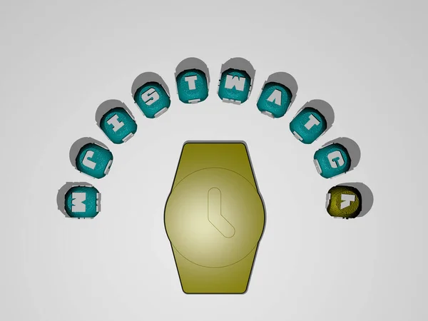 从顶部看 腕表的3D图形图像与用金属立方体字母围绕图标构建的文字垂直排列在一起 非常适合概念演示和滑行 — 图库照片