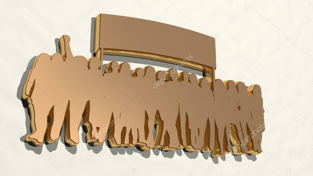 large crowd of people with a banner on the wall. 3D illustration of metallic sculpture over a white background with mild texture. blue and beautiful