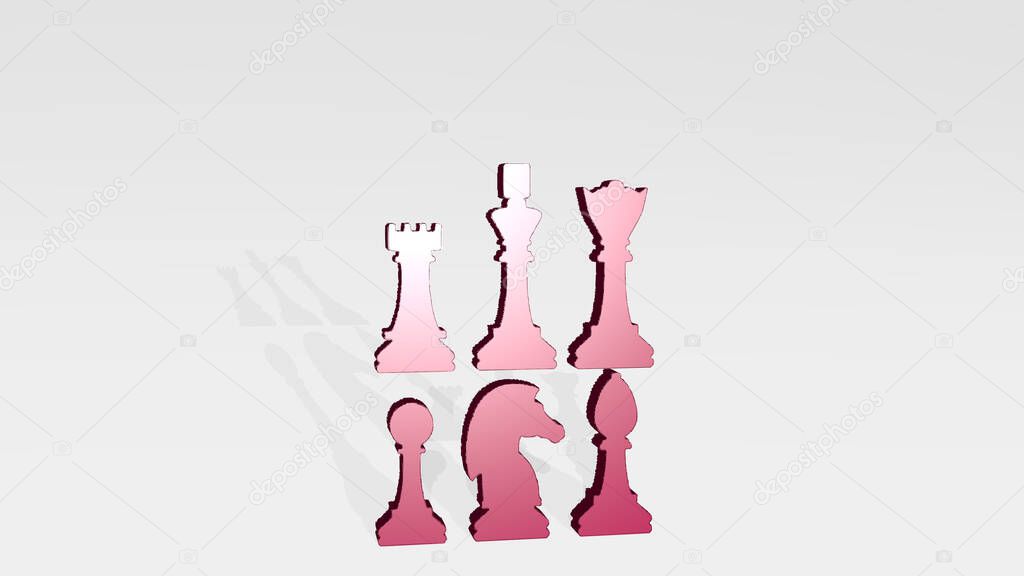 chess on the wall. 3D illustration of metallic sculpture over a white background with mild texture. board and black