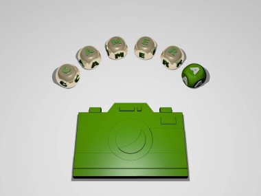 CAMERA 'nın dikey olarak 3D grafiksel görüntüsü, en üst perspektiften metalik kübik harflerle simge etrafına inşa edilen metinle birlikte, konsept sunumu ve slayt gösterimi için mükemmel. arkaplan